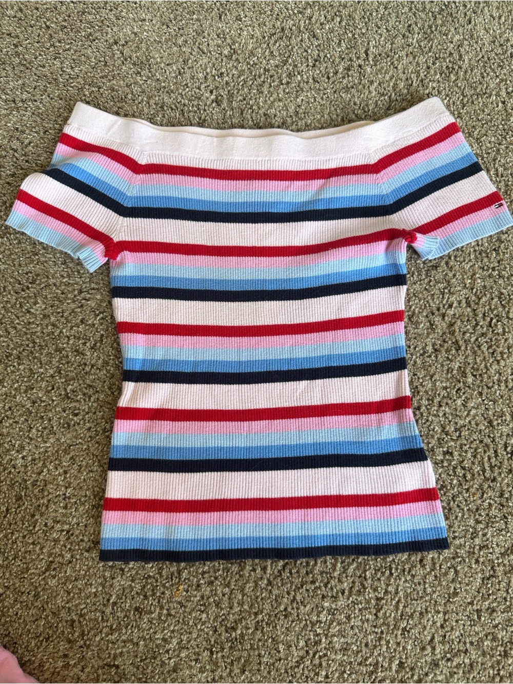 Tommy Hilfiger Striped Off-Shoulder Ribbed Crop Top in White, Red & Blue